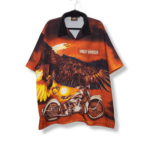 Vintage Harley Davidson y2K All Over Button Hawaiian Shirt Eagle Nature